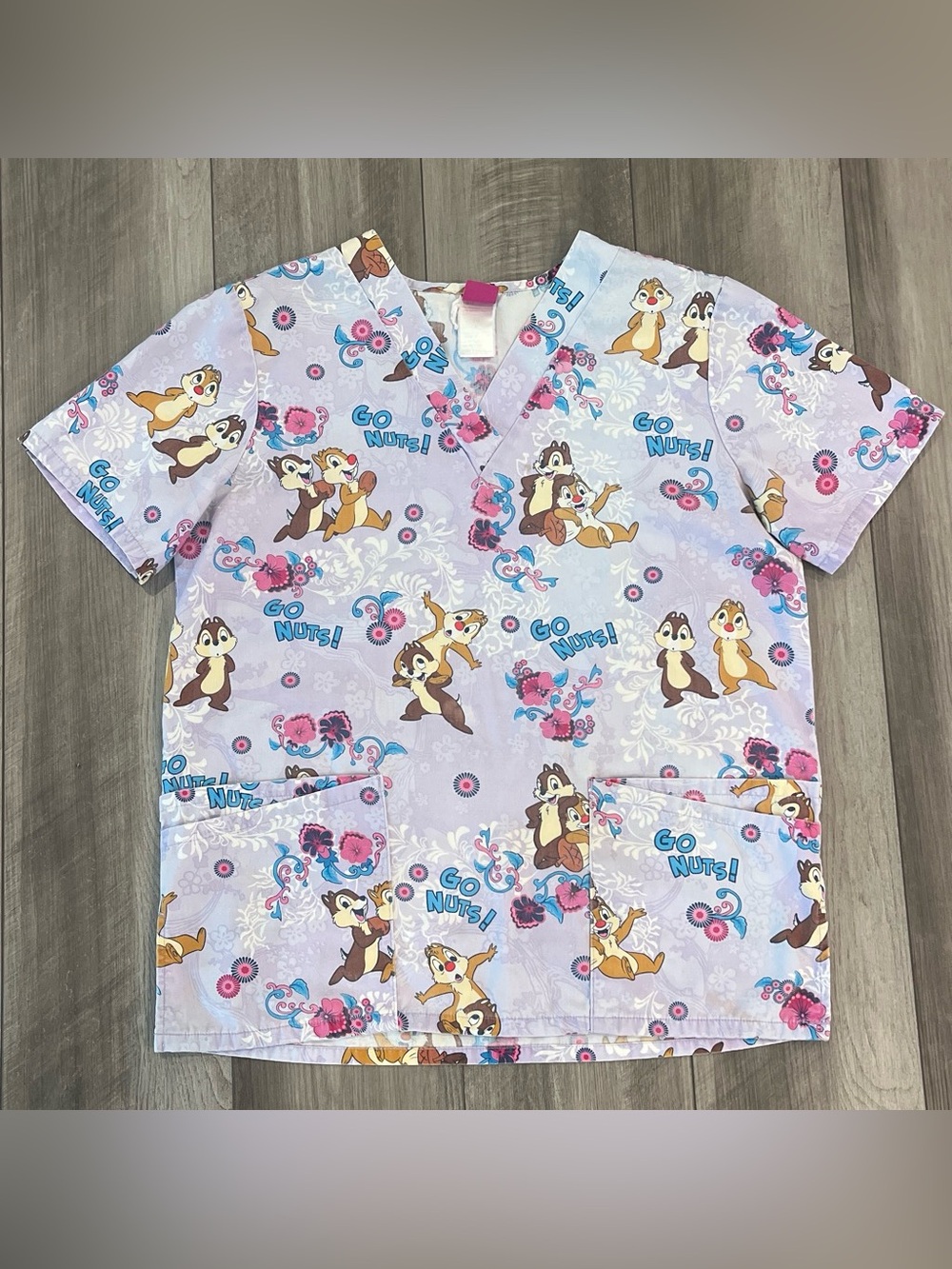 Disney Lavender Chip 'n' Dale Scrub Top with Pink & Blue Accents
